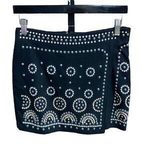 Carmin Black Beaded Faux Wrap Skirt Size Large NWOT